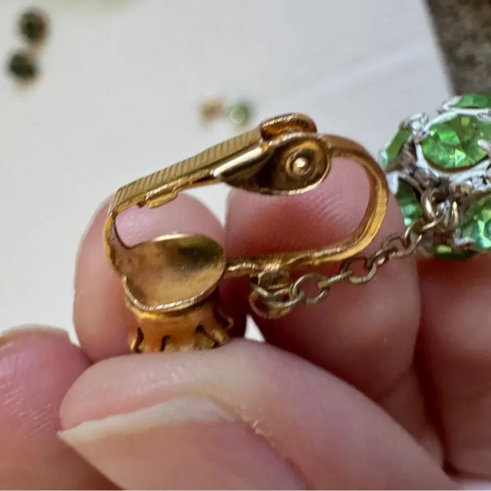 Green Rhinestone Gold Tone Dangle Earrings Clip On Vintage Classic